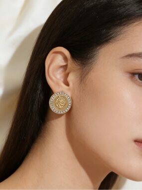 Gold Medallion Lion Stud Earrings with Crystal Halo